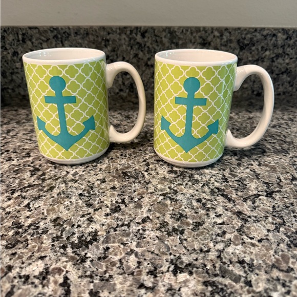 Nautical Anchor Design Ceramic Coffee Mugs - Green and Blue - Picture 1 of 1